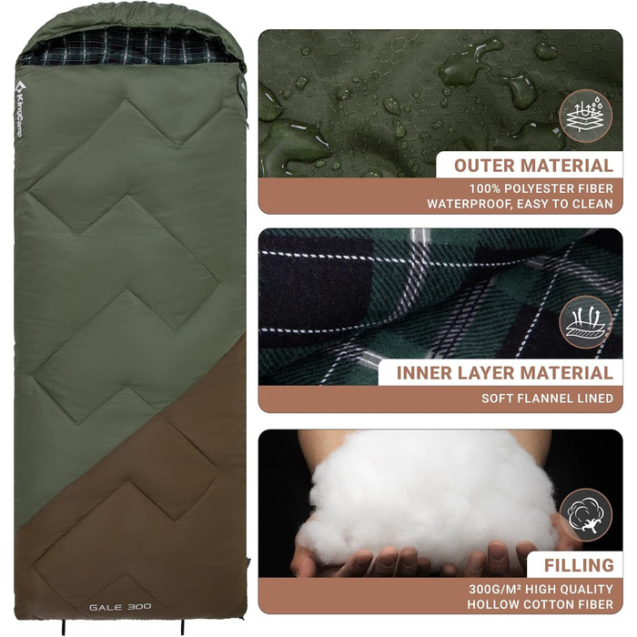 Сплячий мішок KingCamp для дорослих, зимовий | Фланелевий, теплий, 3-4 сезонний, великий, легкий, водостійкий, 2,2 кг, Beangreen/Braun (для кемпінгу, трекінгу, хайкінгу)