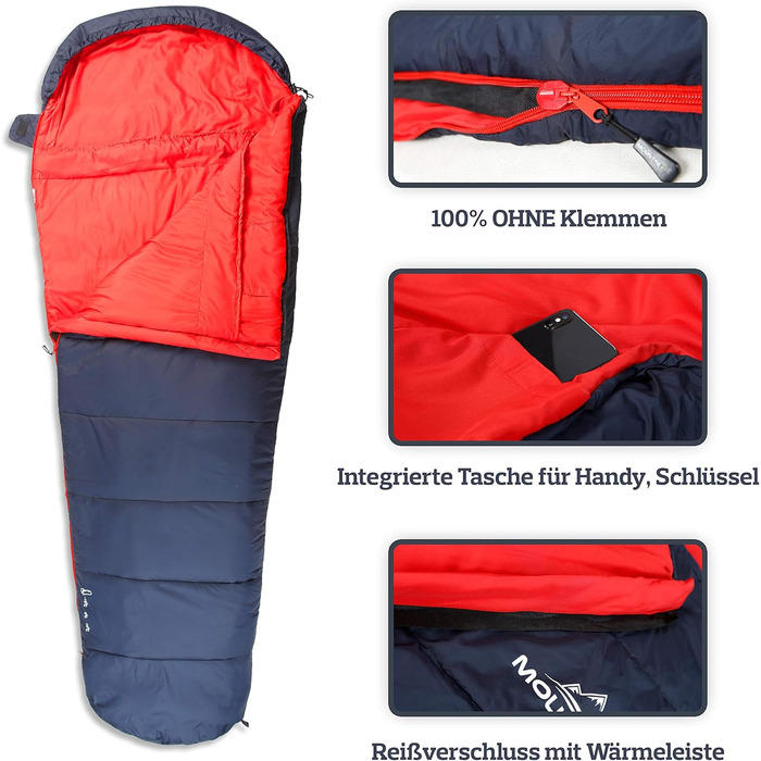 Сплячий мішок MOUNTREX® - Легкий та компактний (760г/1500г) - Outdoor літній спальний мішок (100GSM) / 3-4 сезони (300GSM) - Мумієвидний спальний мішок для кемпінгу, подорожей, фестивалів – Теплий та з'єднуваний (Темно-синій/Червоний, 3 сезони - 1500г (RV Праворуч))
