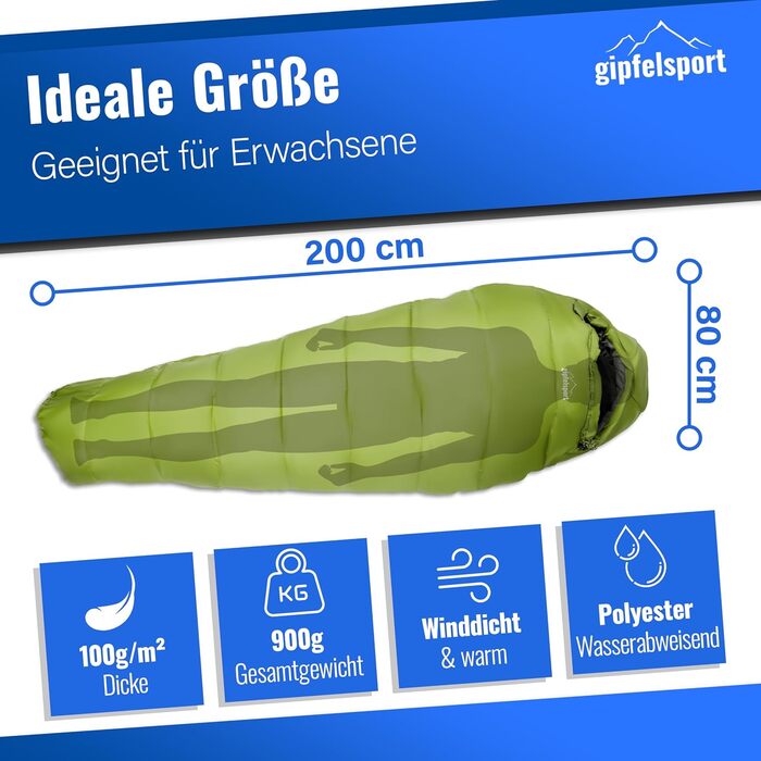 Сплячий мішок Gipfelsport Ultraleicht 4 сезони [-20°C - 15°C] | Ultralight, для кемпінгу, трекінгу та подорожей, -5°C, блакитний/зелений