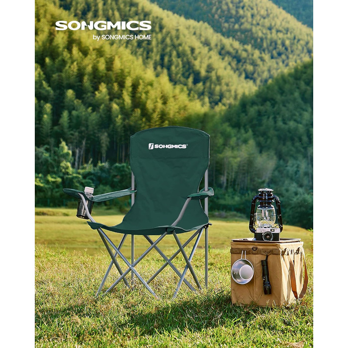 SONGMICS Набір з 2 складних стільців для кемпінгу, розкладні, міцні, до 150 кг, з підстаканником, для відпочинку на природі (темно-зелений)