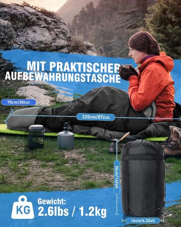 Сплячий мішок 3-4 сезони, водонепроникний, ультралегкий, для дорослих та дітей, з внутрішньою кишенею, 220*75см (зелений/чорний)