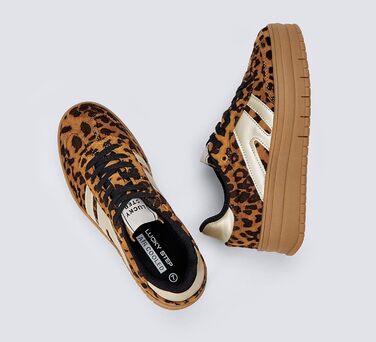 Кросівки LUCKY STEP Plateau Sneaker для жінок - платформа, канвас, ретро стиль, низький профіль, зручні для повсякденного носіння, бежево-зелені (41 EU, леопард)
