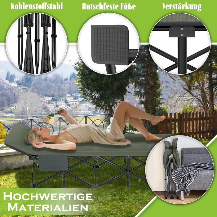 Розкладне ліжко для кемпінгу FIVMEN 185x75 см з матрацом, подушкою та кишенею, до 250 кг, для відпочинку на природі, риболовлі та гостей