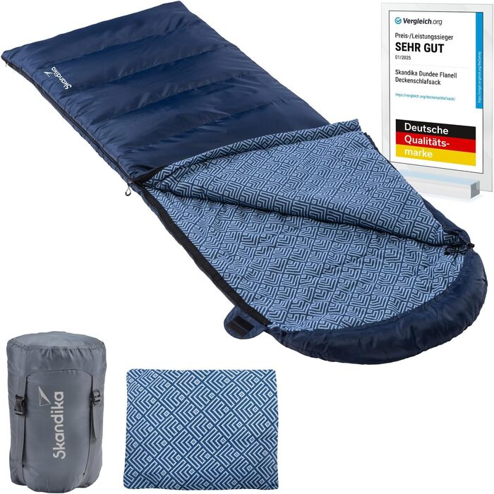 Спальний мішок Skandika Dundee Flanell з бавовни, преміум-якість, з'єднується, двомісний, 3 сезони, до -20°C, 220 x 80/160 см, для кемпінгу та відпочинку на природі (індиго + подушка)