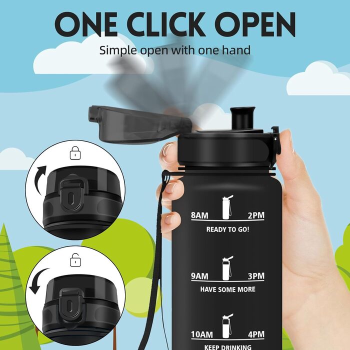 Фляга для води HoneyHolly 1л з фільтром, з маркуванням часу, для спорту, велосипеда, йоги, активного відпочинку (1л, чорний & червоний)