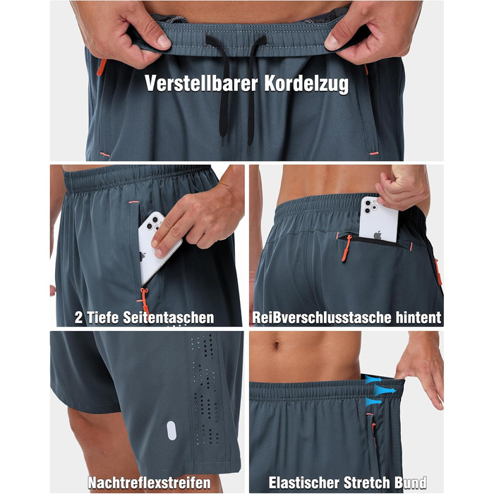 Шорти спортивні чоловічі дихаючі для бігу та фітнесу, Dry Fit, для тренажерного залу, шорти для джогінгу, функціональні шорти з кишенями на блискавці, чорний/темно-сірий, розмір L, 2 шт. в упаковці
