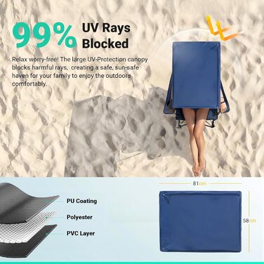 Крісло для кемпінгу OVERMONT складне з сонцезахисним дахом - пляжне крісло, складне з тримачем для напоїв та сумкою-холодильником - шезлонг з дахом для відпочинку на природі, риболовлі, саду (Blaugrau)