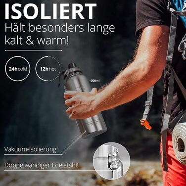 Термос пляшка з нержавіючої сталі ACTIVE FLASK 950 мл із соломинкою, 3 кришки, BPA-free, герметична, для газованих напоїв, велосипедна термобутилка для води, спорту, дітей, чаю