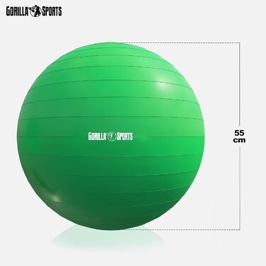 Гімнастичний м'яч GORILLA SPORTS 55 см, анти-вибух, до 500 кг, для йоги, фітнесу, офісу, з насосом, зелений