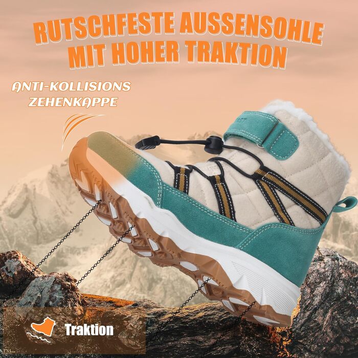 Зимові черевики для дівчаток та хлопчиків VisionReast: тепла вовняна підкладка, підошва з неслизьким протектором, для прогулянок та походів (зелені, 37 EU)