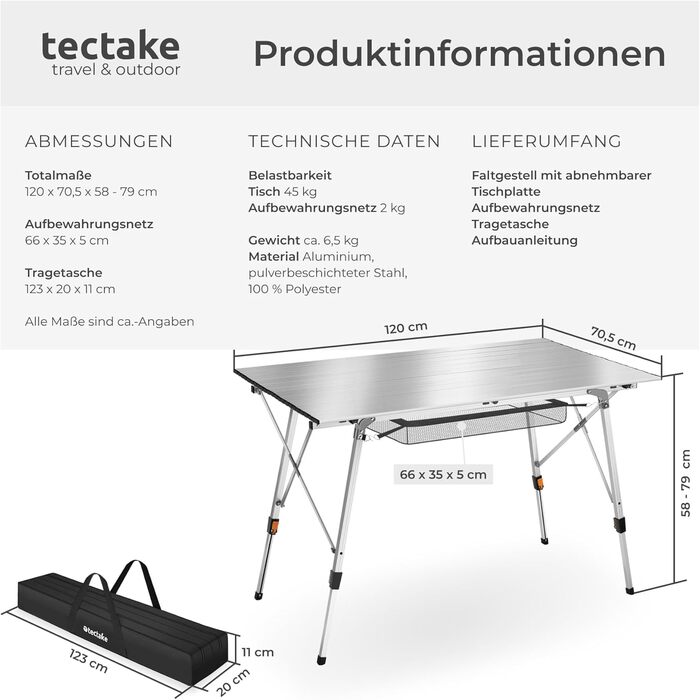 Стіл для кемпінгу Tectake®: розкладний, алюміній, велика стільниця 120x70.5 см, регульована висота, водостійкий, з сумкою