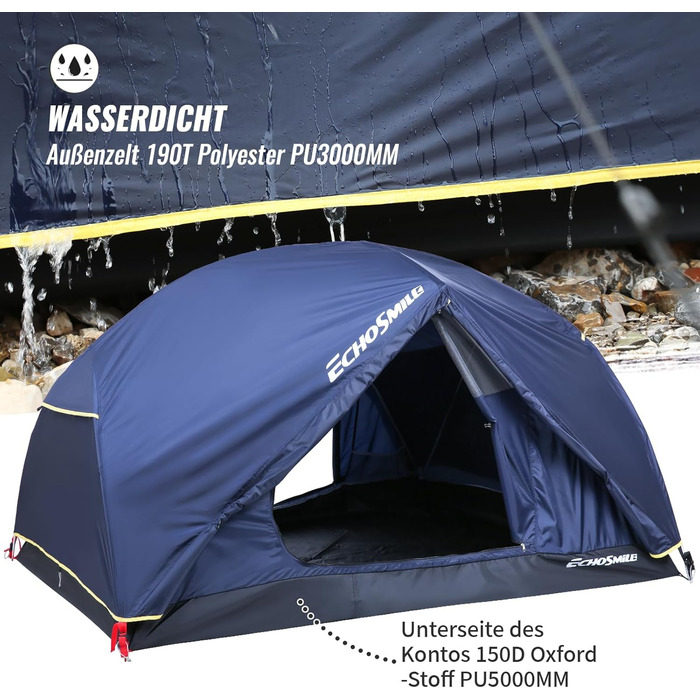 Намет EchoSmile для кемпінгу на 2-3 особи, водонепроникний PU3000 мм, туристичний намет-купол, 3-4 сезонний, для кемпінгу, походів та альпінізму, легко монтується, блакитний (2 особи)