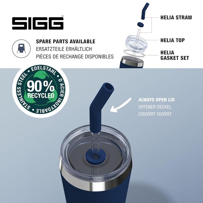 Термочашка SIGG Travel Mug Helia з багаторазовою скляною трубочкою та щіточкою для чищення, герметична, BPA-free, нержавіюча сталь 18/8, 0,6 л, Night Ink