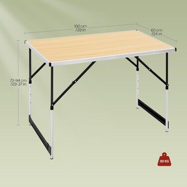 Стіл для кемпінгу, розкладний садовий, робочий, балконний від WOLTU® - регульована висота, алюміній, сталь, МДФ (світлий дуб)