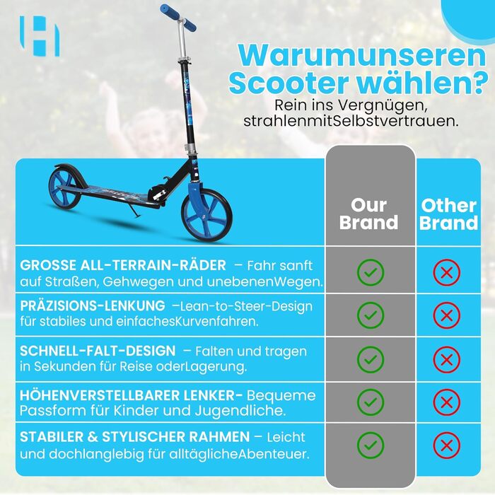 Дитячий трюковий самокат Habib Kickroller – складаний, з регулюванням висоти, великі колеса, до 80 кг, блакитний