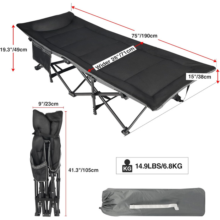 Надувне ліжко для кемпінгу REDCAMP, розкладне, 190 x 71 x 38 см, чорне