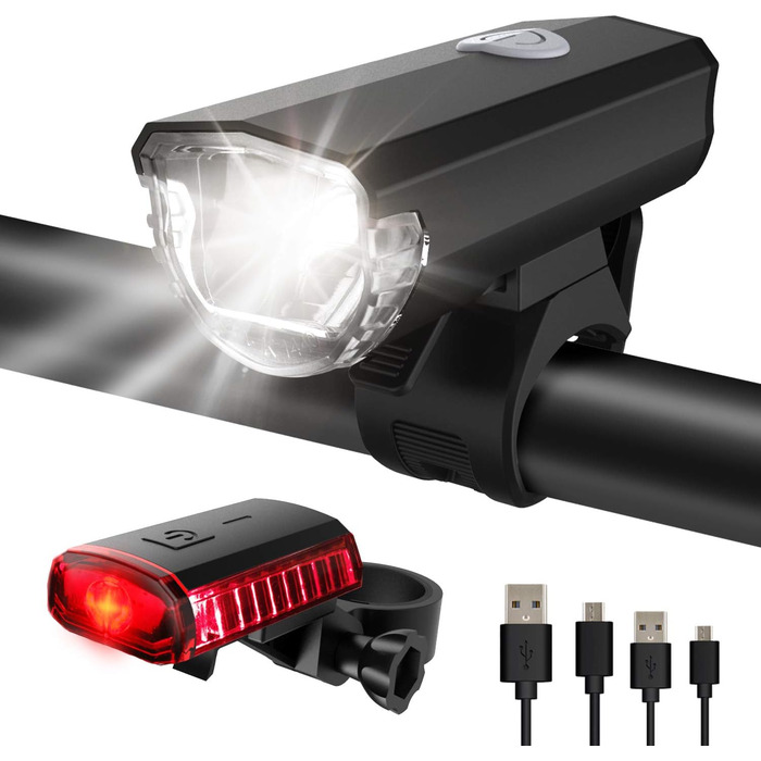 Велофара ITSHINY USB - комплект переднього та заднього світла, водонепроникний, з алюмінію, LED, StVZO, чорний