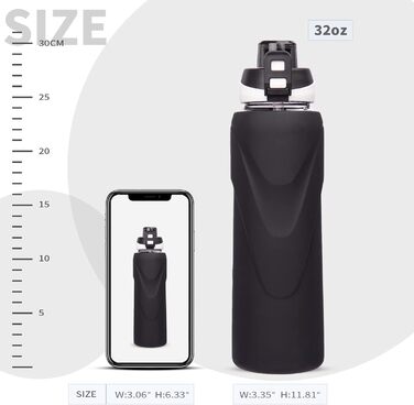 Спортивна скляна пляшка для води DEARRAY 1 л з трубочкою, герметична, BPA Free, силіконова оболонка, для смузі, фруктів і газованої води, чорна