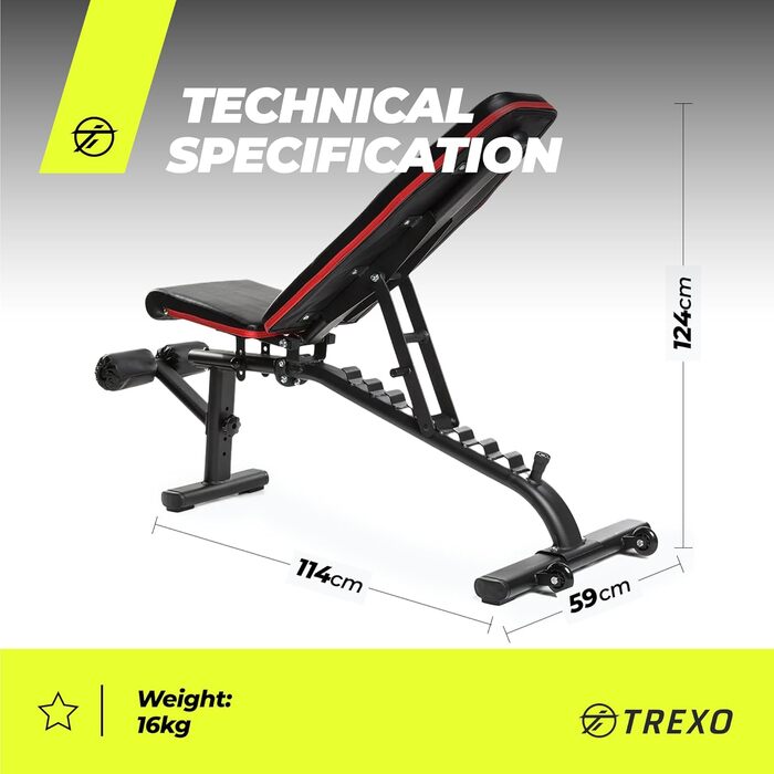 Регульована лавка для жиму TREXO, багатофункціональна тренувальна лава для дому, сталева конструкція, витримує до 300 кг, чорна