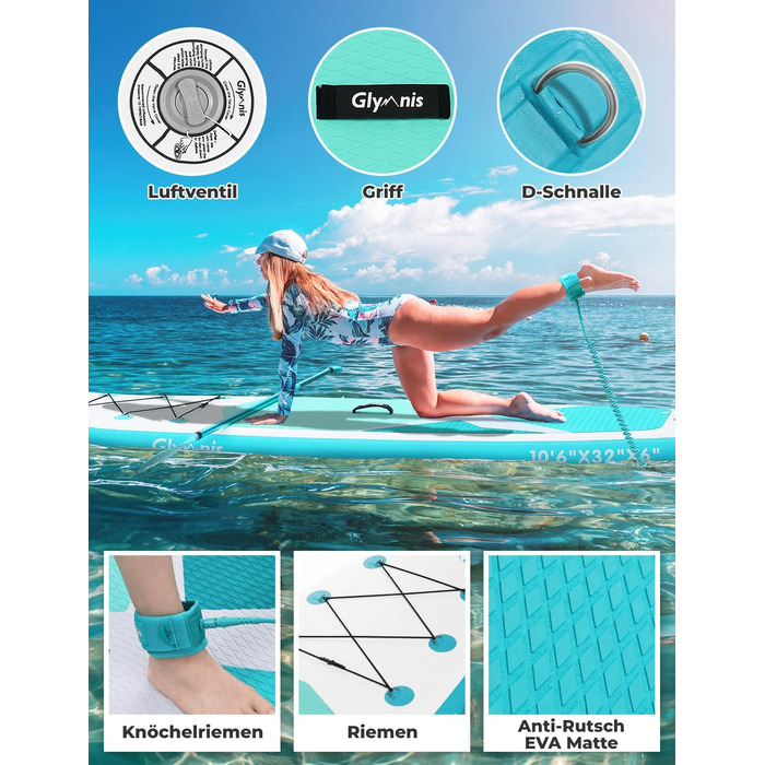 Надувний SUP Борд Glymnis Stand Up Paddle Board 10'6' (320x81x15 см) з Алюмінієвим Веслом, Насосом та Аксесуарами (Білий+Чорний)