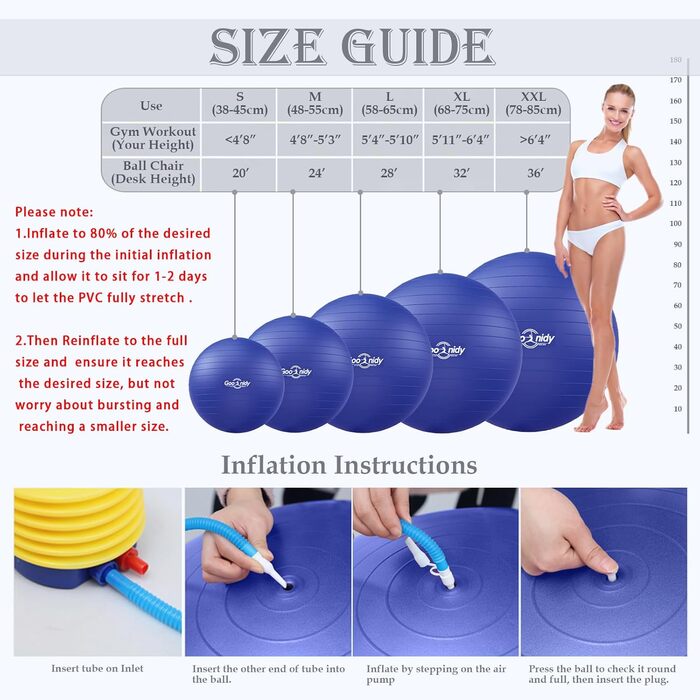 Великий фітнес-м'яч для занять гімнастикою та йогою, XL (68-75 см), витримує до 1000 кг, з насосом, синій
