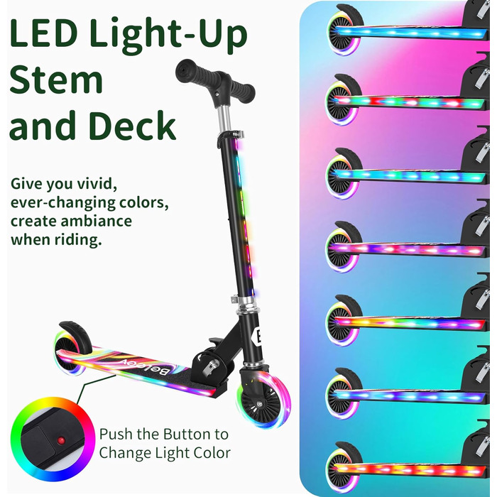 Белеїв V2 Роликовий Самокат для Дітей 6 років, з LED-підсвічуванням, Регульована Ручка та Дека, Заднє Гальмо, Складаний Самокат для Дівчаток та Хлопчиків 3-12 років (Чорний з Райдужними акцентами)