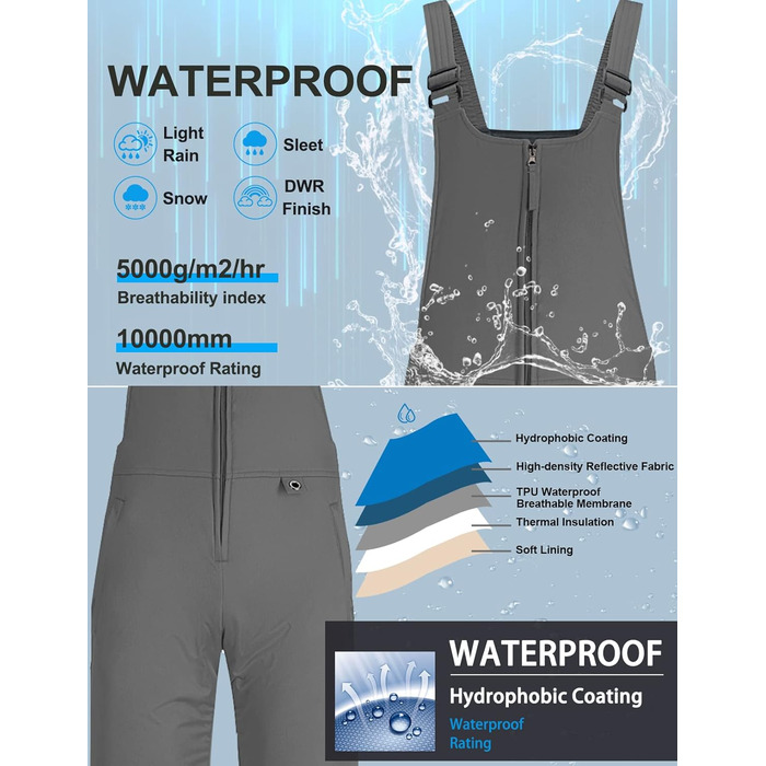 Жіночі гірськолижні штани GEMYSE, водонепроникні, вітронепроникні, з регульованими лямками, комбінезон для холодної погоди (XL, сірий)