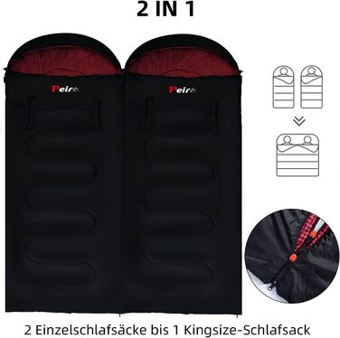 Спальний мішок для дорослих – широкий прямокутний, 3-сезонний з кишенею та сумкою, 300 г/м² бавовна, водонепроникний, для кемпінгу, дому та відпочинку на природі, з блискавкою справа