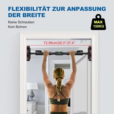 Кімнатна турнік MonkeyTail для дверного прорізу 72-95 см, без свердління, з 360° замком та PVC-килимком, вантажопідйомність 150 кг, багатофункціональний турнік