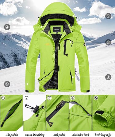 TACVAEN Куртка перехідна жіноча тепла зимова фльорокована куртка для хаджінг, водонепроникний блискавка, біло-чорний (XL, неоново-зелений)