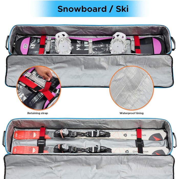 Чохол для сноуборду XCMAN для подорожей літаком – повністю м'який, водонепроникний, для сноуборду та черевиків, чорний, 165 см