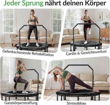 Міні-батут BCAN для дорослих, 102/122 см, до 204/250 кг, з бунжеєвими тросами, регульованою ручкою, стабільний, тихий, для дому та вулиці, тренування всього тіла, релаксація, зелений (122см, 122см-чорний з м'якою обшивкою)