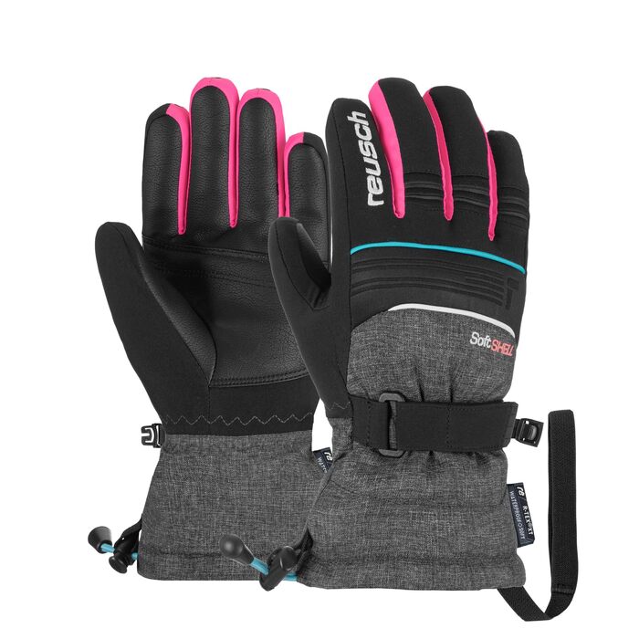 Дитячі гірськолижні рукавички Reusch Softshell, водонепроникні та вітрозахисні, чорно-сіро-рожеві, розмір 5