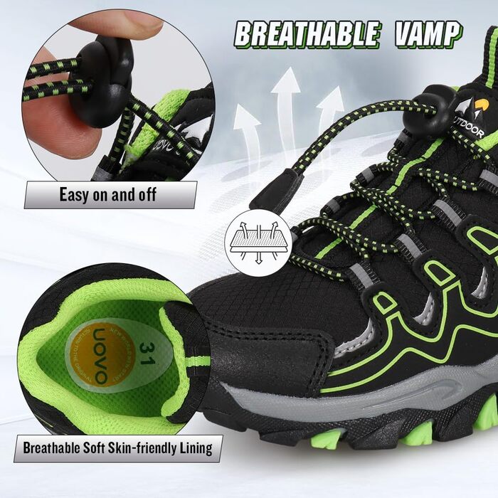 Дитячі кросівки UOVO для бігу, туризму та трекінгу, водонепроникні, розмір 27-40, чорно-зелені