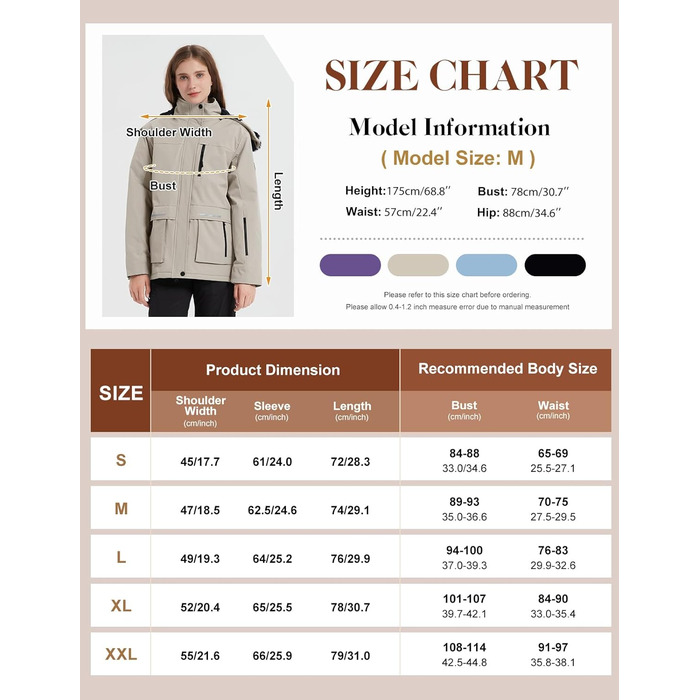 Водонепроникна зимова куртка Voqeen для жінок. Тепла флісова снігозахисна куртка для катання на лижах, вітронепроникна, дихаюча, з капюшоном. Розмір M, колір персиковий.