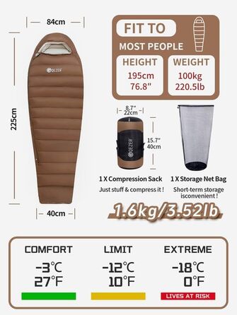 Сплячий мішок QEZER 820г Ultraleicht, 660FP, 8°C ~ 2°C для дітей та дорослих, 3 сезони, кемпінг, трекінг, Outdoor (Kaffee -3°C)