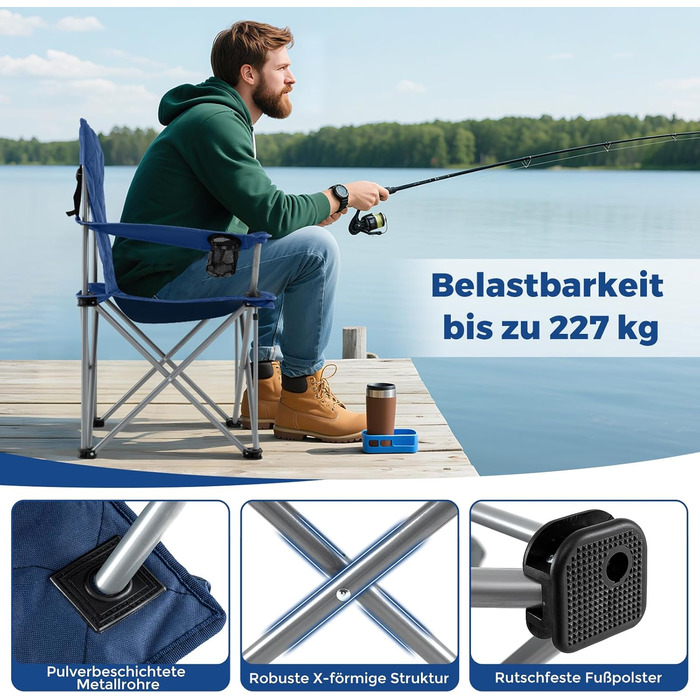 Крісло для кемпінгу Costway XXL, 227 кг, з підлокітниками та кишенею для напоїв, для відпочинку на природі, риболовлі, дачі, пляжу (Navy)