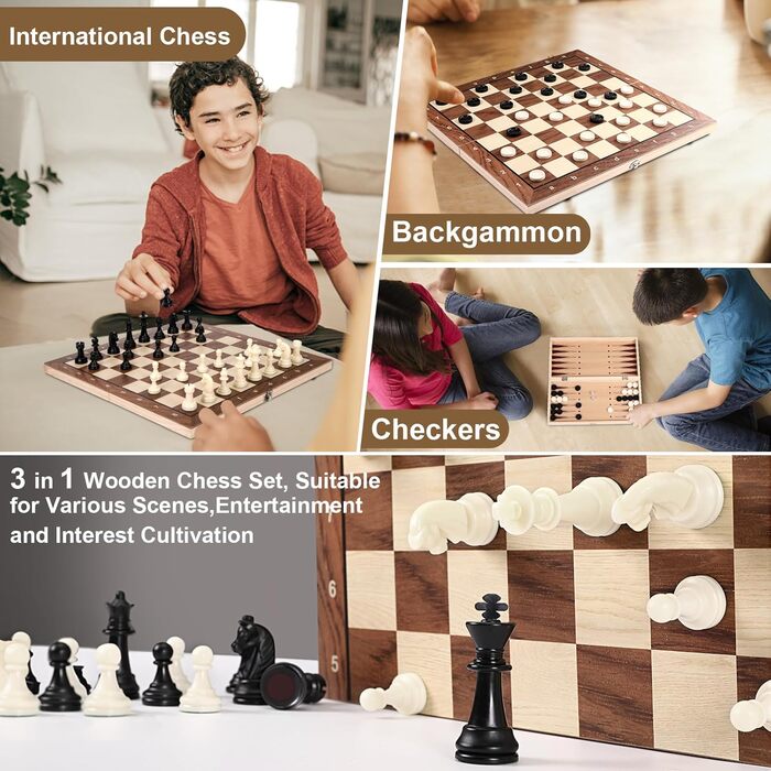 Набір шаховий магнітний 3 в 1 з дерева, шахи та шашки, преміум-якість, 39x39 см