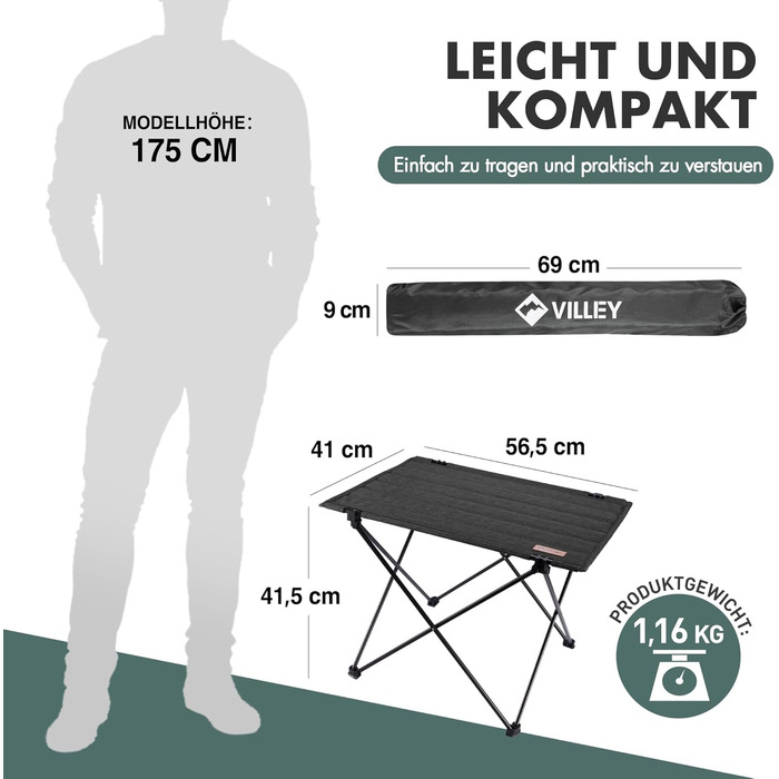 Стіл для кемпінгу VILLEY складний, розкладний, з алюмінію та Оксфордської тканини. Максимальне навантаження 25 кг, з сумкою. Легка установка, ідеально для кемпінгу, відпочинку на природі, риболовлі та вуличної кухні. Чорний.