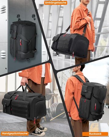 Спортивна сумка RAINSMORE 3 в 1 для чоловіків, 45 л: рюкзак, сумка-переноска, з відділенням для взуття, ноутбука та мокрого одягу, чорна