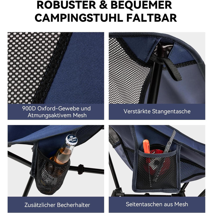 Складний туристичний стільчик Hochlehner з підголівником, 150 кг, ультралегкий, портативний, з кишенями та сумкою для кемпінгу, пляжу, відпочинку на природі та піших прогулянок (Indigoblau)