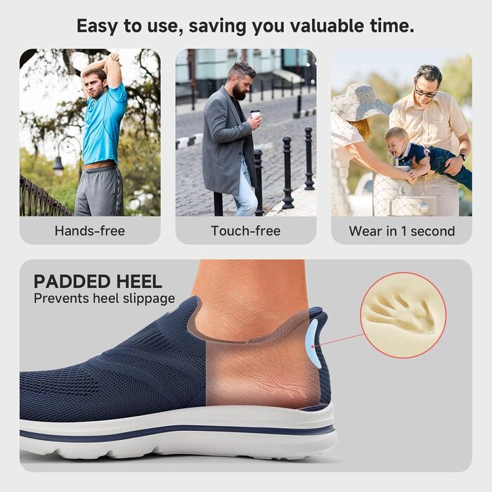 Сліпони чоловічі без шнурівки, спортивні кросівки для бігу, легкі, дихаючі, для активного відпочинку та повсякденного носіння, 1040, Marineblau (Морський синій), 42 EU