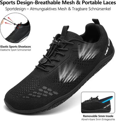 Босижні кросівки Geweo для жінок та чоловіків: зручні, широка передня частина, легкі, для фітнесу, кросфіту, силових тренувань, без підйому, трекінгові, унісекс, розміри 37-47 EU (чорний, 41 EU широкі)