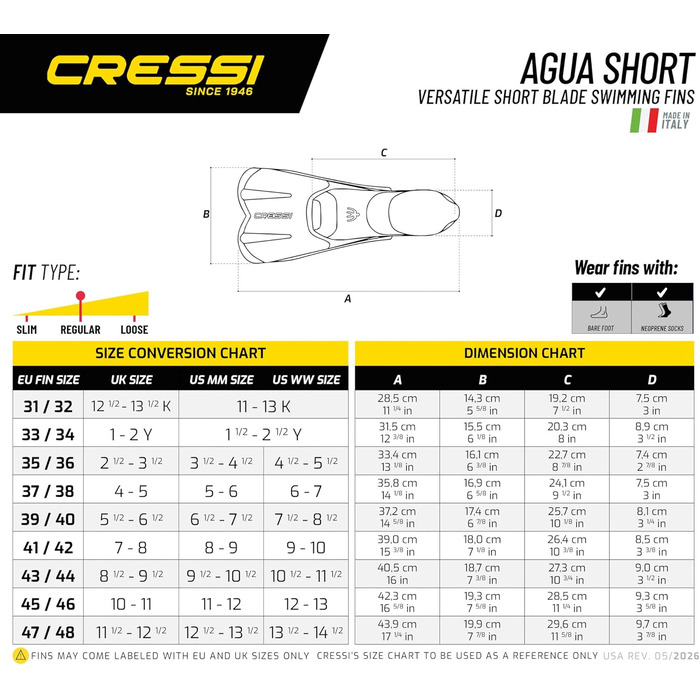 Ласти CRESSI Agua Short 43/44 Schwarz - для снорклінгу, плавання та тренувань