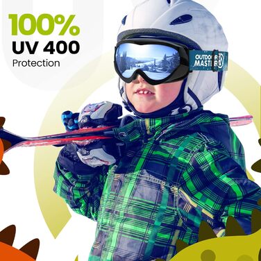 Дитячі лижні окуляри OutdoorMaster, сумісні з шоломом, 100% UV-захист, VLT 10%, чорна оправа, сіра лінза
