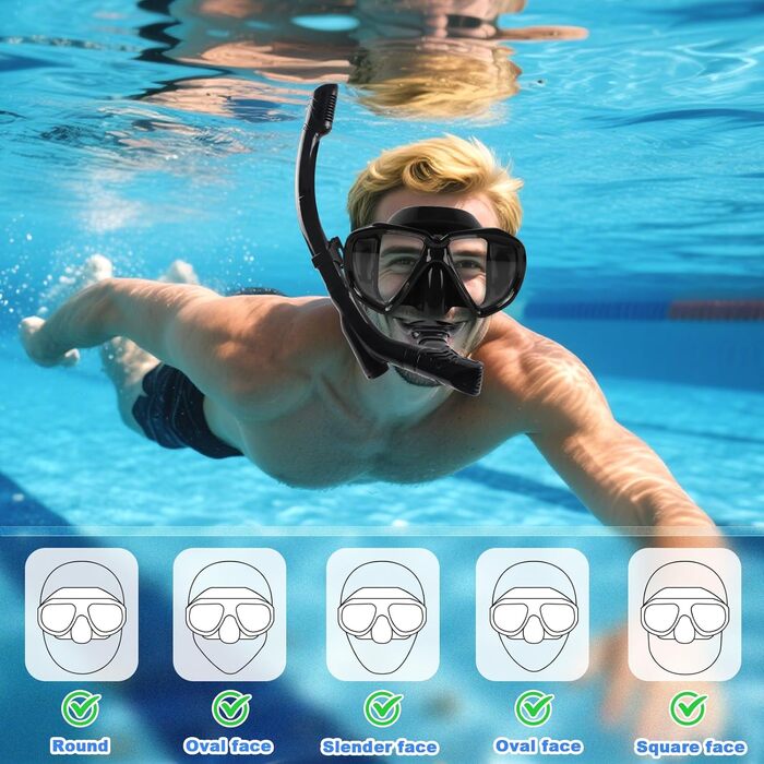 Набір для снорклінгу для дорослих та дітей: маска та трубка Dry, антизапітніння, анти-тік, чорний