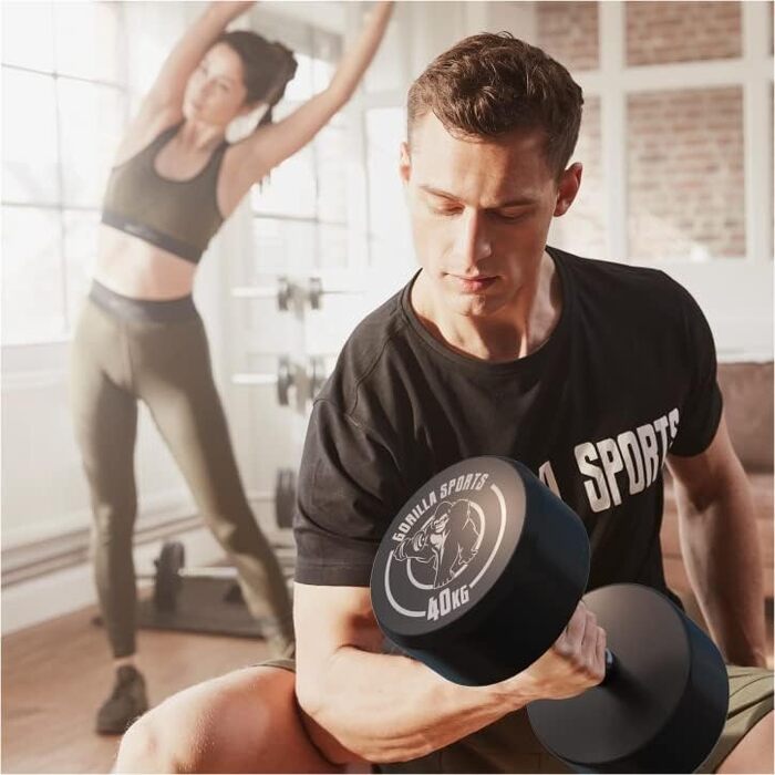 Гантель GORILLA SPORTS 40 кг, кругла, гумова, гантель для фітнесу з чавунним осердям, нековзка рукоятка, чорна