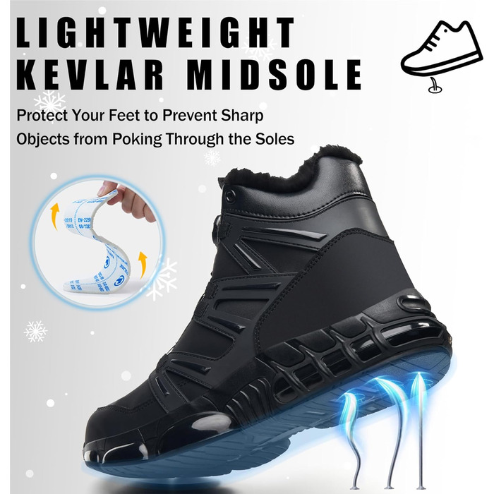 Зимові захисні чоботи,  водонепроникні для чоловіків та жінок. Робочі черевики з повітряною подушкою, сталевим підноском, утеплені, розміри 36-47 EU, чорний.