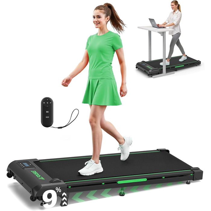 Walking Pad - біговий доріжки для дому з регулюванням нахилу до 9%, потужність 2.5HP, LED-дисплей, пульт дистанційного керування, 12 програм, подвійне амортизація, до 150 кг, чорно-зелений