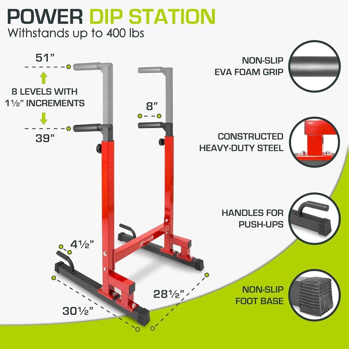 Стійка для віджимань sourceFit Dip Stand Station Pro, важка, з'єднувач безпеки, для трицепса, підтягувань, віджимань, L-сітів, червона